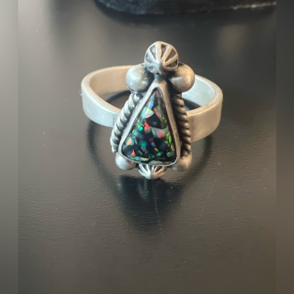 Matte Silver Black Opal Adjustable Ring - image 4